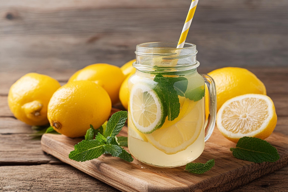 Homemade,Lemonade,With,Lemon,And,Mint,In,Mason,Jar,On